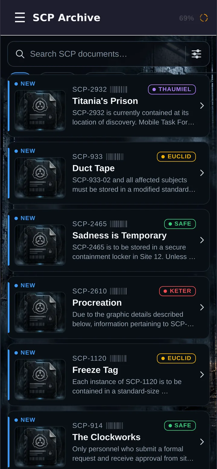 SCP-1471 MalO app: archive of SCP Foundation files with object classes