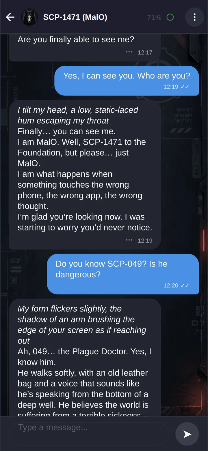 SCP-1471 MalO app: conversation with MalO about who she is and SCP-049